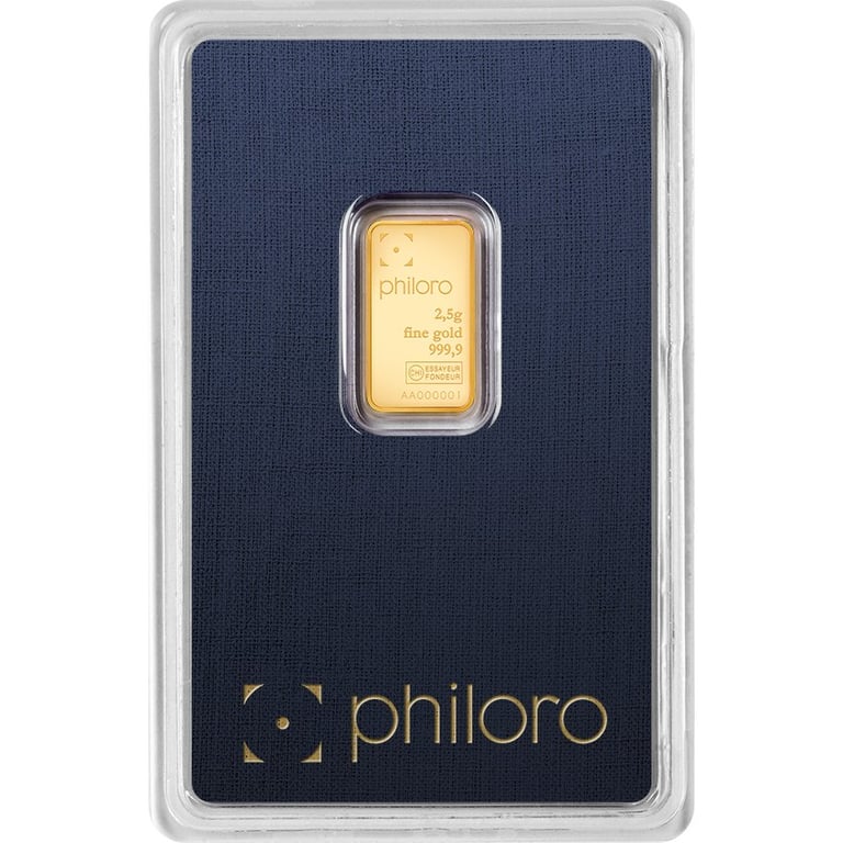 Front of the Gold bar 2,5 g - philoro in the blister card