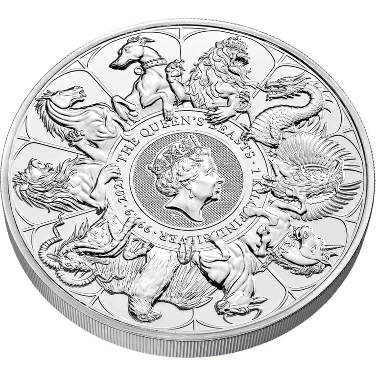Side view of the Silver The Queen's Beasts 1000 g - Completer Coin