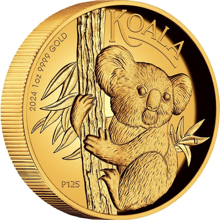 Side view of the Gold Koala 1 oz PF - High Relief 2024