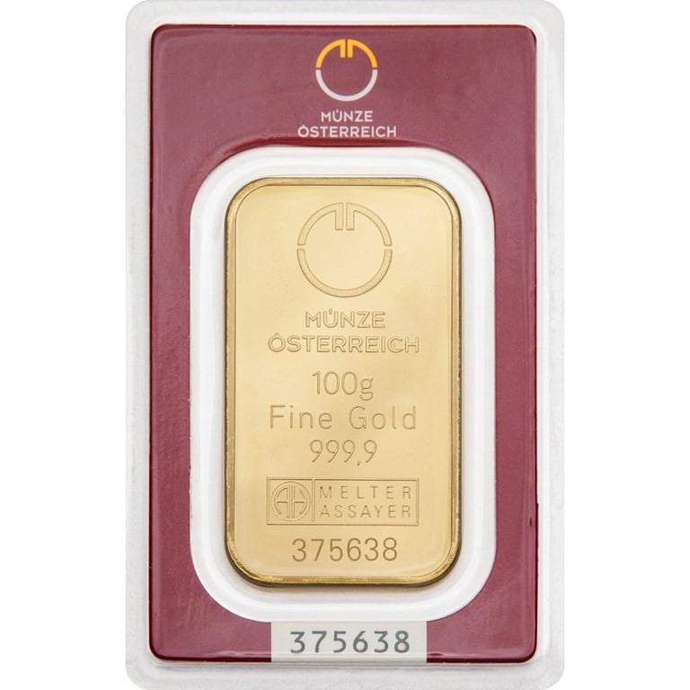 Front of the Gold bar 100 g - Austrian Mint