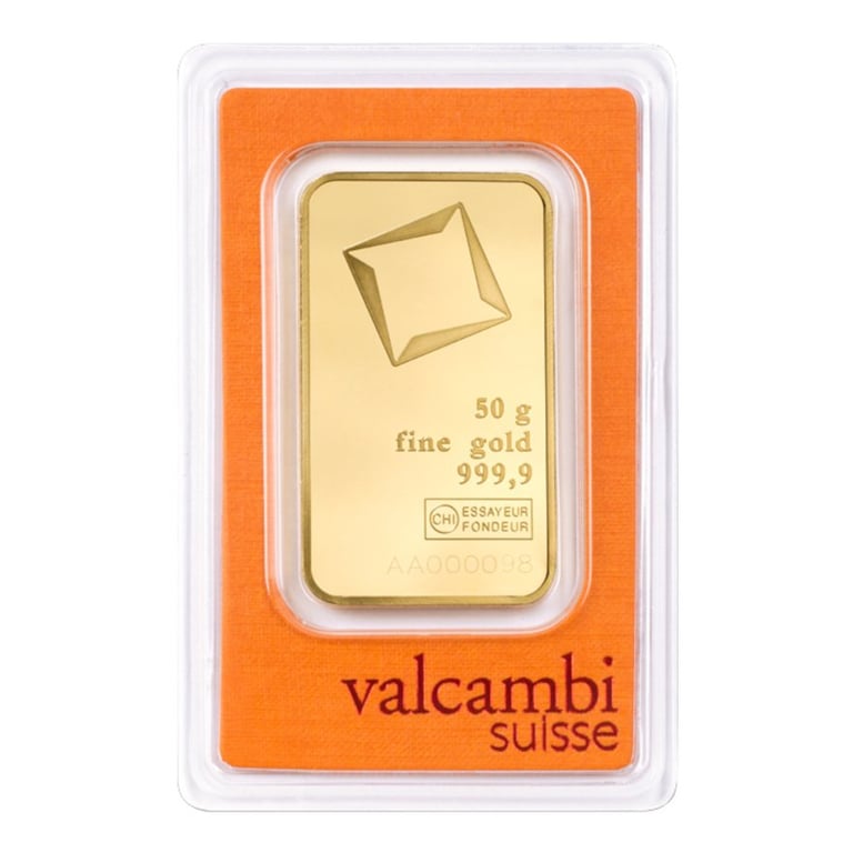 Front of the Gold bar 50 g - Valcambi in the blister card
