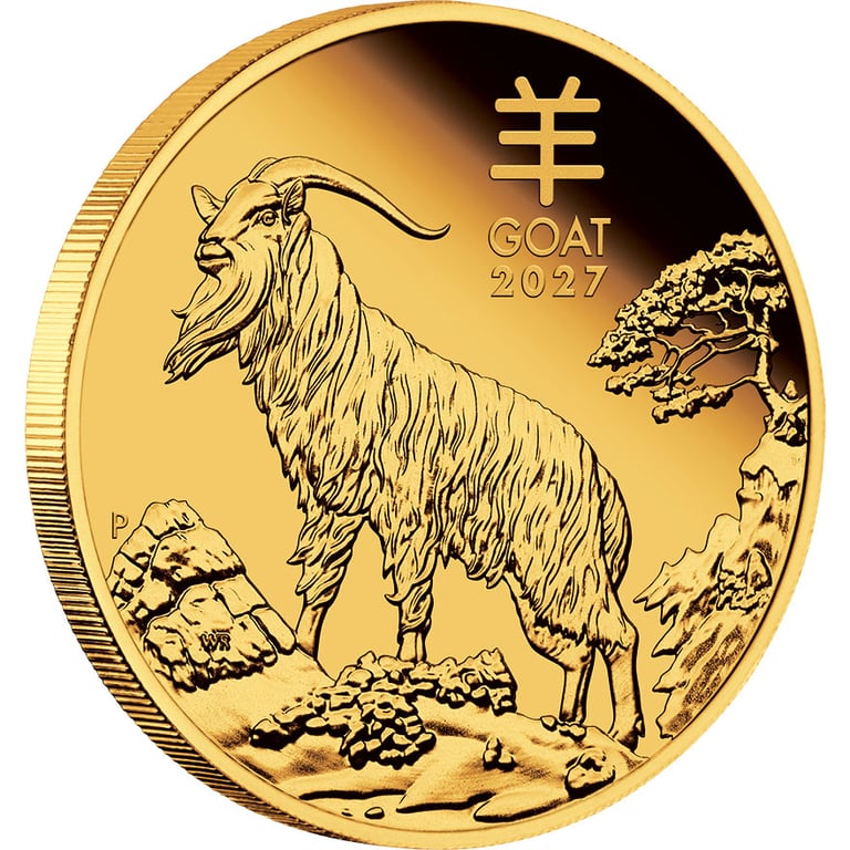 Side view of Gold Lunar III Goat 1 oz PF - 2027