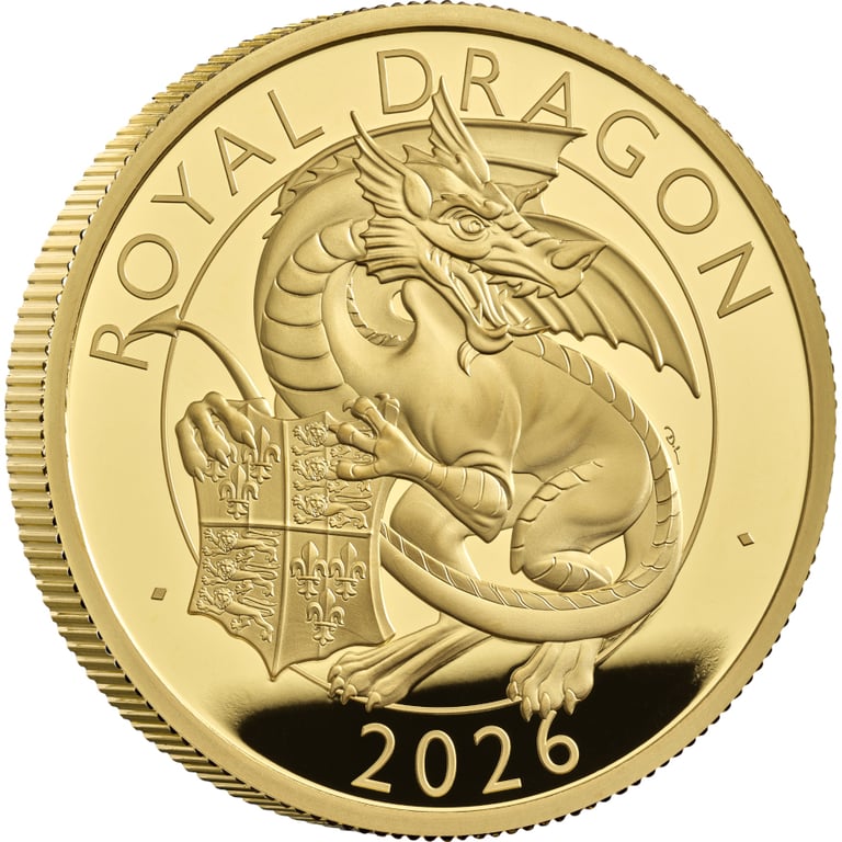Side view of Gold Royal Dragon 5 oz PF - Royal Tudor Beasts 2026