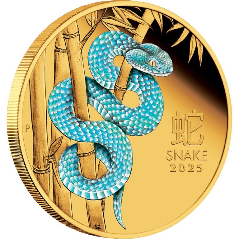 Side view of the Gold Lunar III Snake 1 oz PF - colored 2025