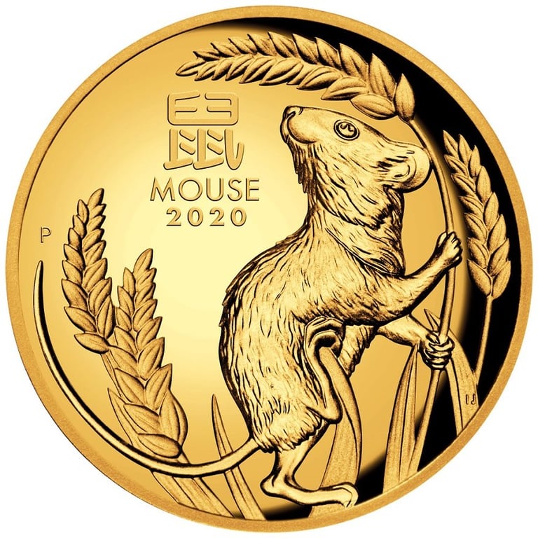 Front of the Gold Lunar III Mouse 1 oz PF - High Relief 2020
