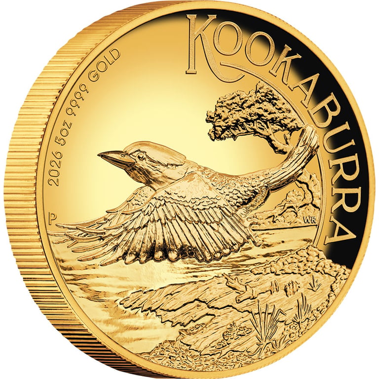 Side view of Gold Kookaburra 5 oz Proof - High Relief 2026