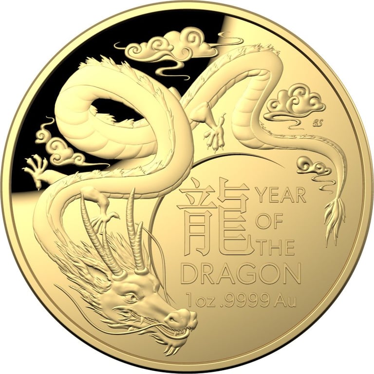 Front of the Gold Lunar Dragon 1 oz PF domed coin - RAM 2024
