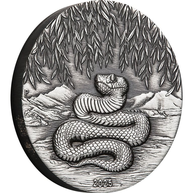 Side view of the Silver Lunar III Snake 2 oz - Antique Finish 2025