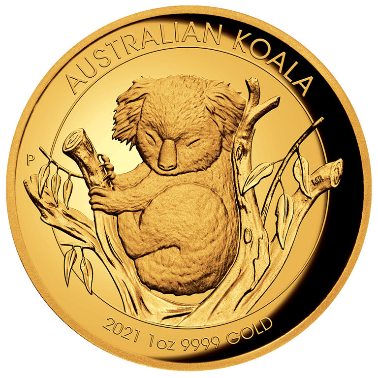 Front of the Gold Koala 1 oz PF High Relief - 2021
