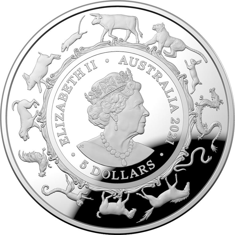 Back of the Silver 1 oz Lunar Ox PF domed coin - RAM 2021