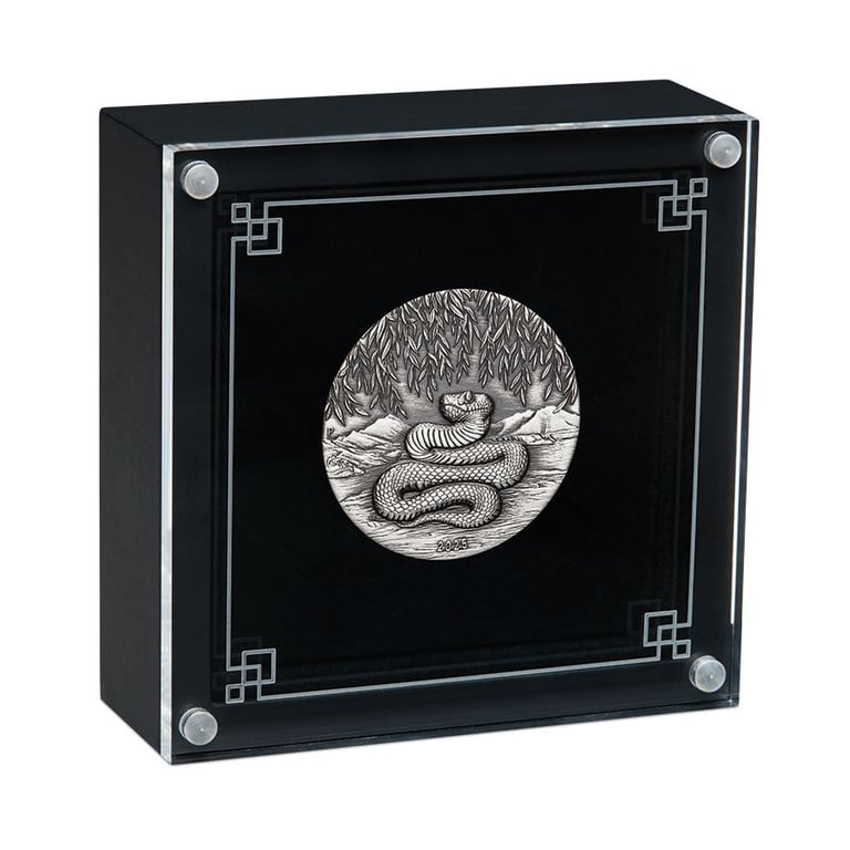 Silver Lunar III Snake 2 oz - Antique Finish 2025 in the original coin case
