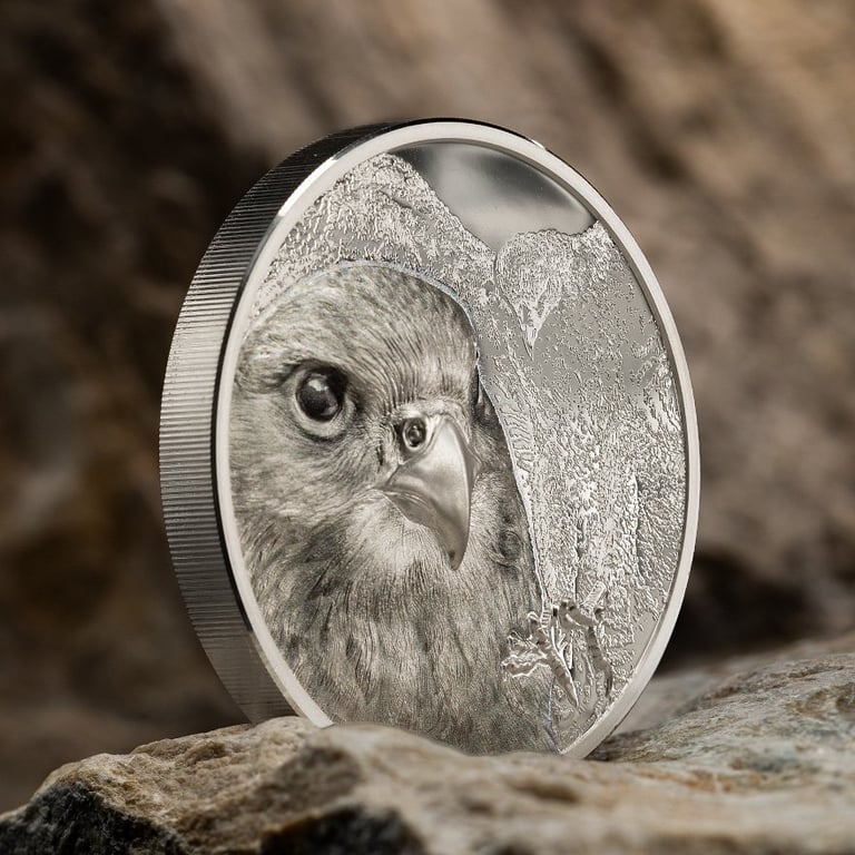 Side view of the Silver Mongolian Falcon 3 oz PF - High Relief - 2023