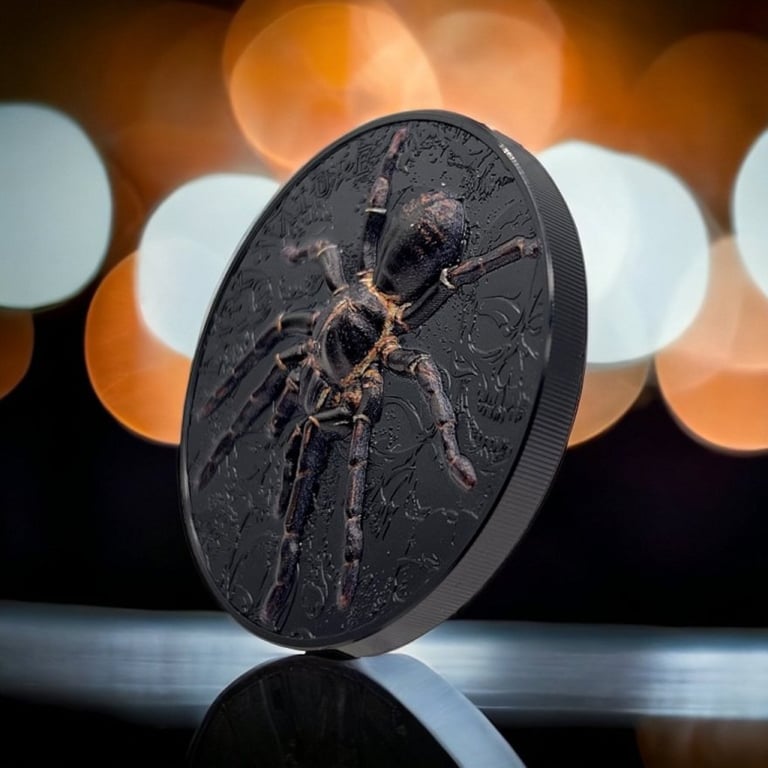 Side view of the Silver Dark Nature - Tarantula 3 oz Black Proof CLOCK - 2023