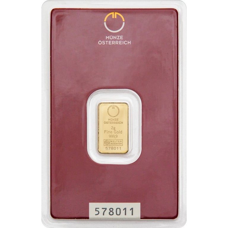 Front of the Gold bar 2 g - Austrian Mint in the blister card