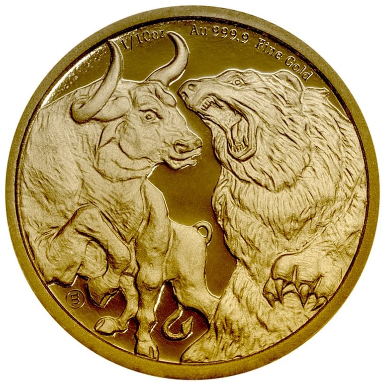 Front of the Gold Bull & Bear 1/10 oz - 2023