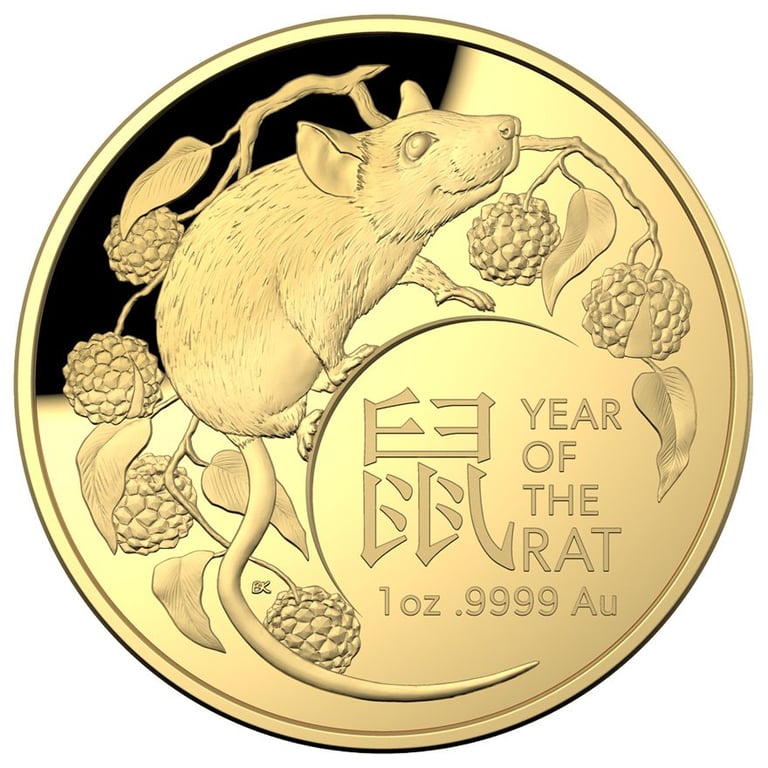 Front of the Gold Lunar Rat 1 oz PF domed coin - RAM 2020