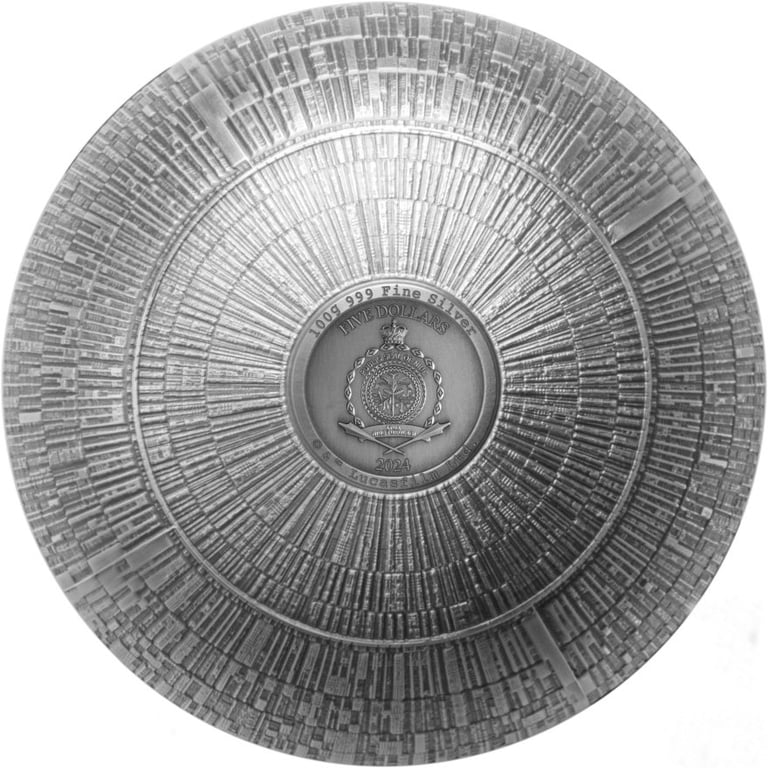 Side view of the Silver STAR WARS Death Star - 3D round coin 100 g antique finish