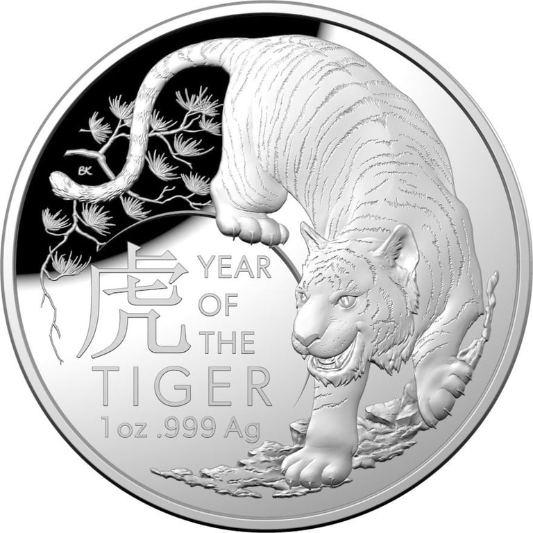 Front of the Silver 1 oz Lunar Tiger PF domed coin - RAM 2022