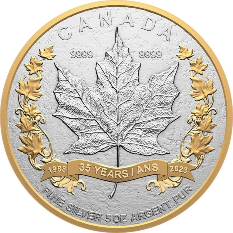 Front of the Silver Maple Leaf 5 oz - Matte Proof - 35th Anniversary