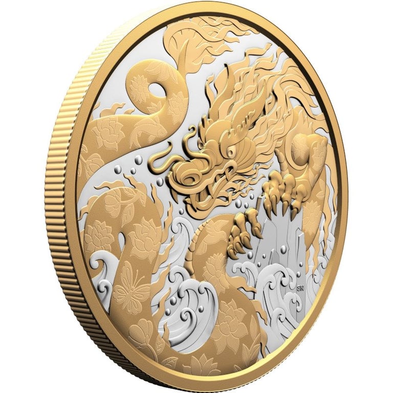 Side view of the Silver Water Dragon 5 oz PF - Partly gold plated 2025