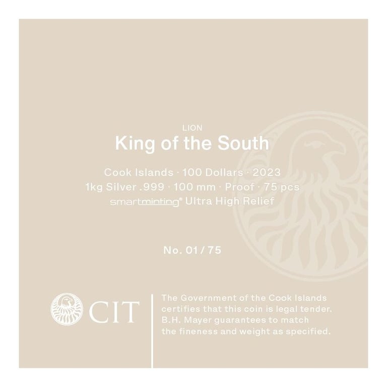Original coin case of the Silver King of the South - Lion 1000 g PF - Ultra High Relief