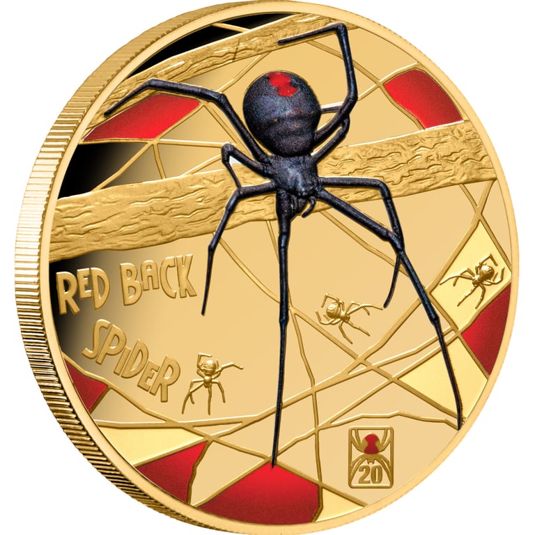 Side view of Gold Deadly & Dangerous – Red Back Spider 1 oz Proof – 20th Anniversary 2026