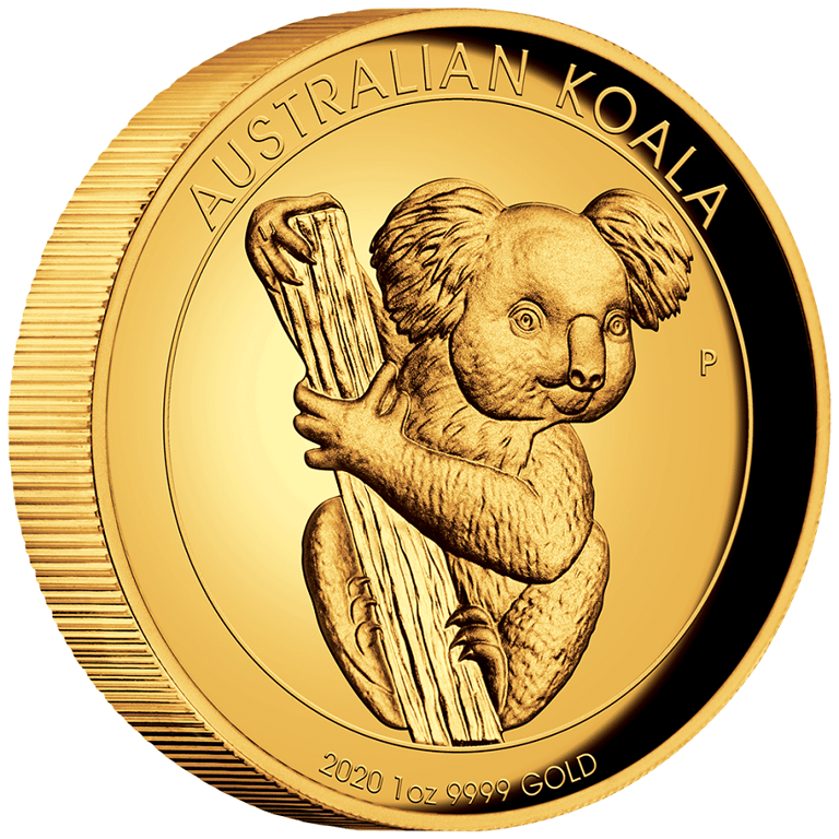 Side view of the Gold Koala 1 oz PF - High Relief 2020