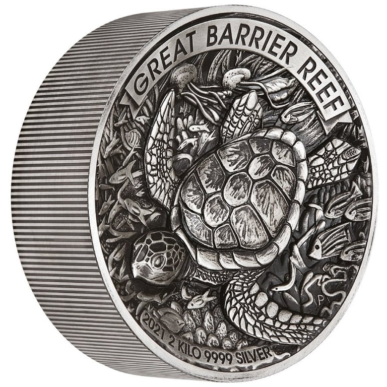 Side view of the Silver Great Barrier Reef 2 kg 2021 - High Relief - Antique Finish