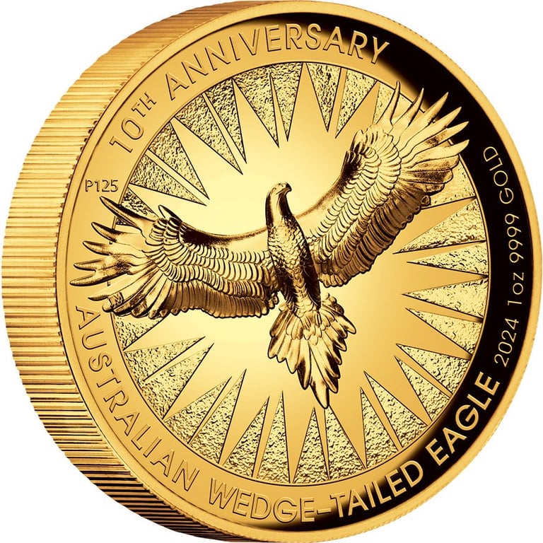 Side view of the Gold Wedge Tailed Eagle 10th Anniversary 1 oz PF - High Relief 2024