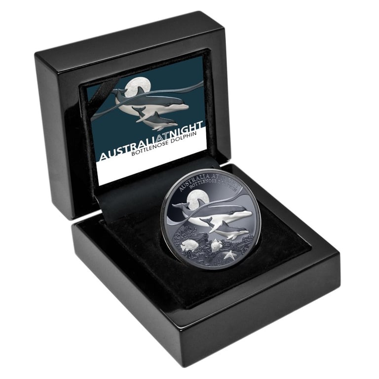 Silver Bottlenose Dolphin 1 oz Black Proof - 2025 in the original coin case