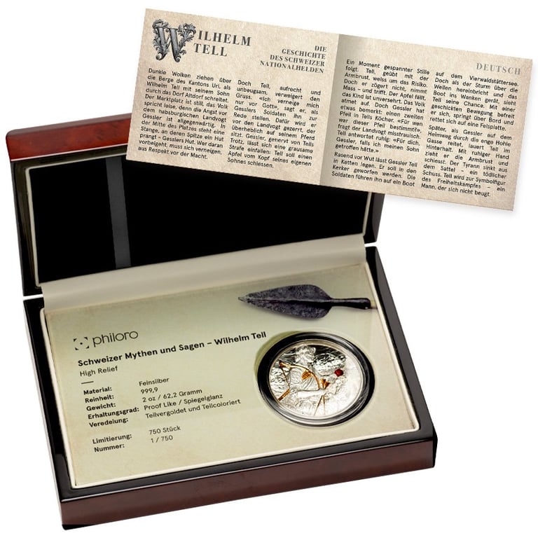 Silver swiss myth and legends - Wilhelm Tell 2 oz - High Relief 2025 in the original coin case - open