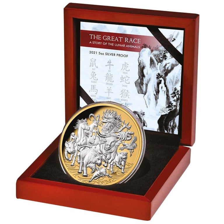 Silver Great Lunar Race 5 oz PF - Partly gold plated in the original coin case