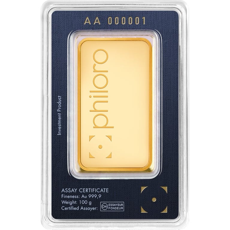Back of the Gold bar 100 g - philoro in the blister card