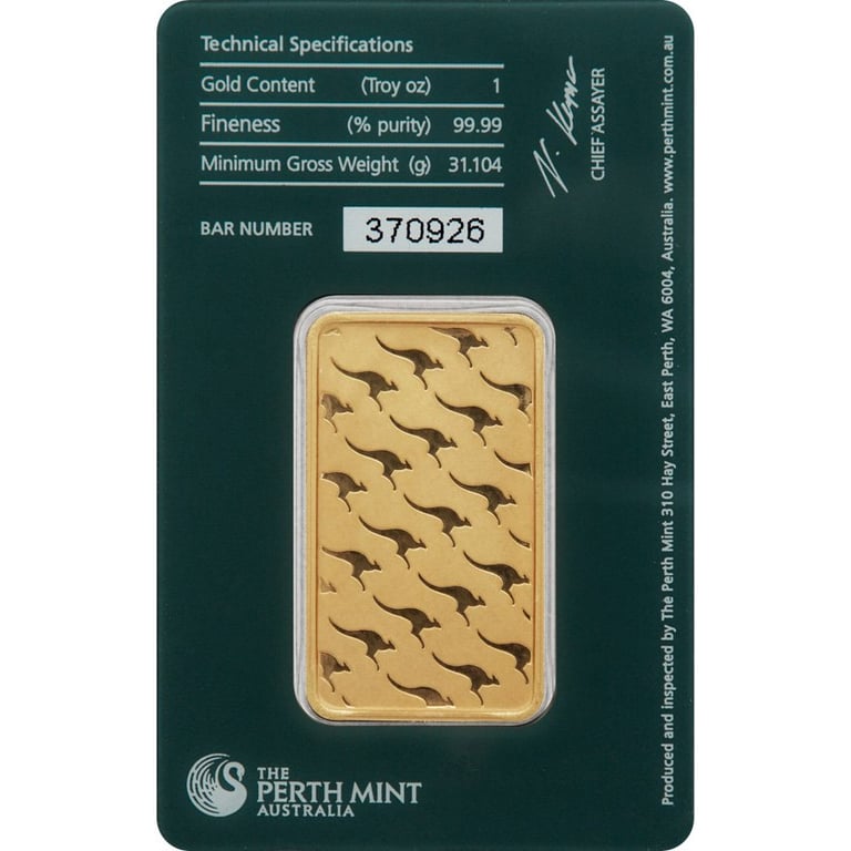 Back of the Gold bar 1 oz - Perth Mint in the blister card