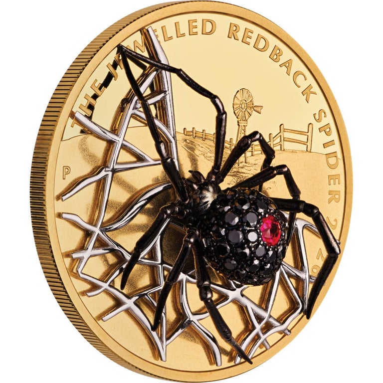 Side view of Gold The Jewelled Redback Spider 2 oz PF - Perth Mint 2026