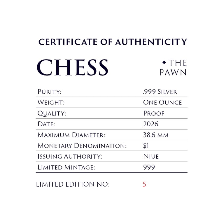 COA of Silver Chess Pawn 1 oz – Black Proof 2026