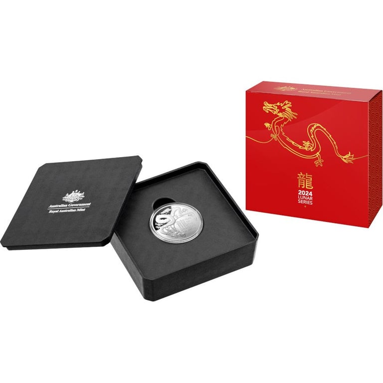 Silver Lunar Dragon 1 oz PF domed coin - RAM 2024 in the original coin case