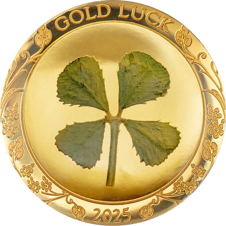 Front of the Gold cloverleaf 1 g Palau PF - 2025