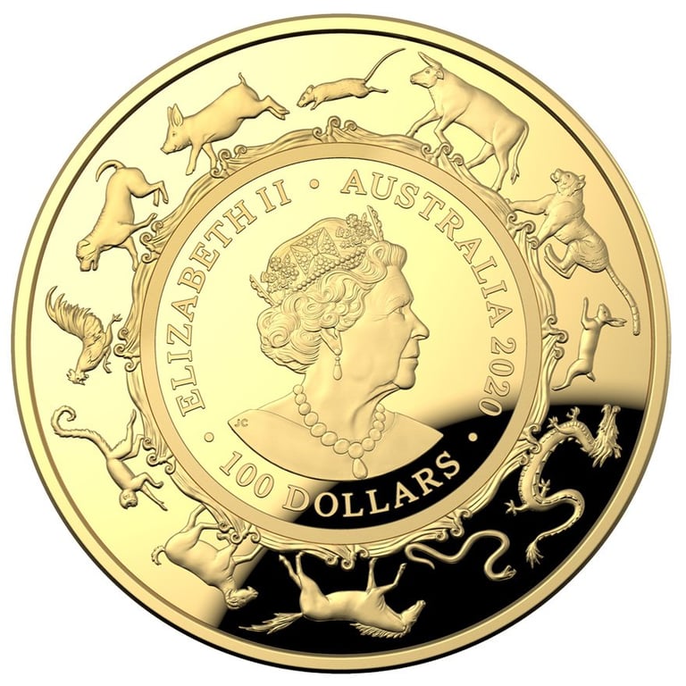 Back of the Gold Lunar Rat 1 oz PF domed coin - RAM 2020