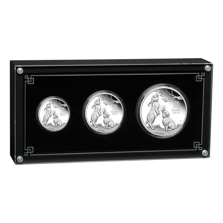 Front of the Silver Lunar III 3 Coin Set Rabbit PF - Perth Mint 2023