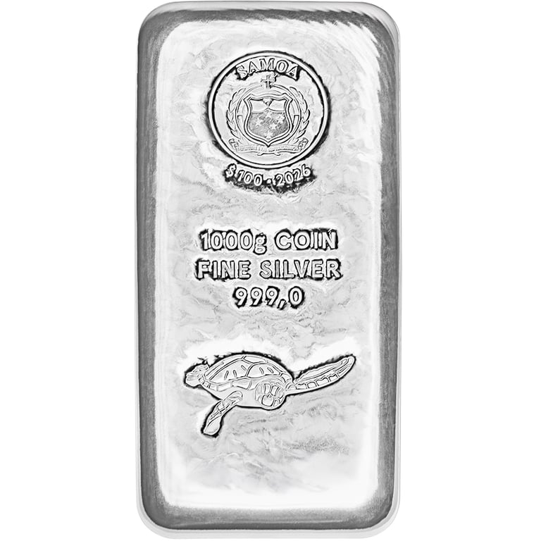 Front view of the Silver coin bar Samoa 1000 g - 2026