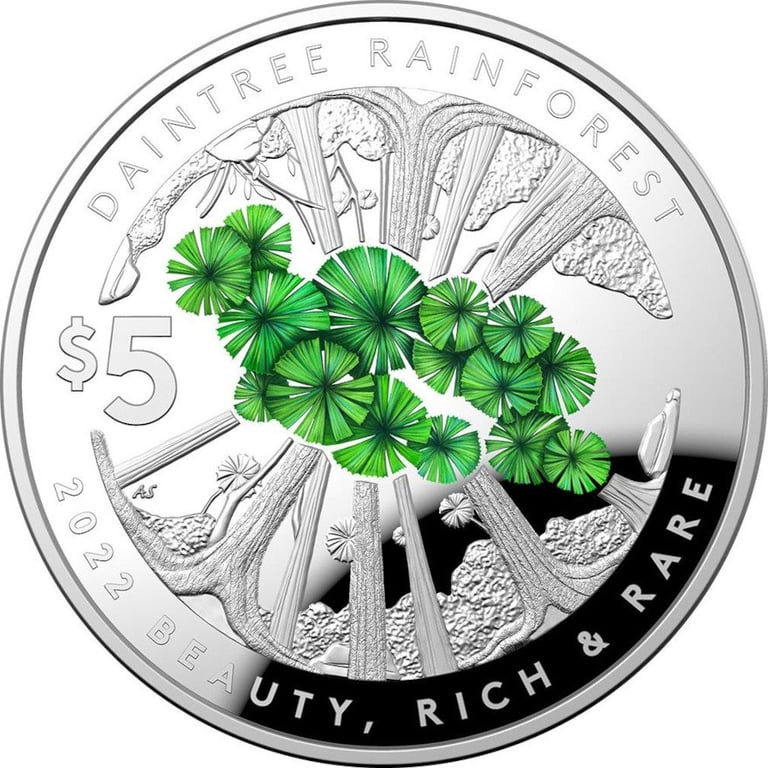 Front of the Silver Daintree Rainforest 1 oz PF - domed coinage 2022