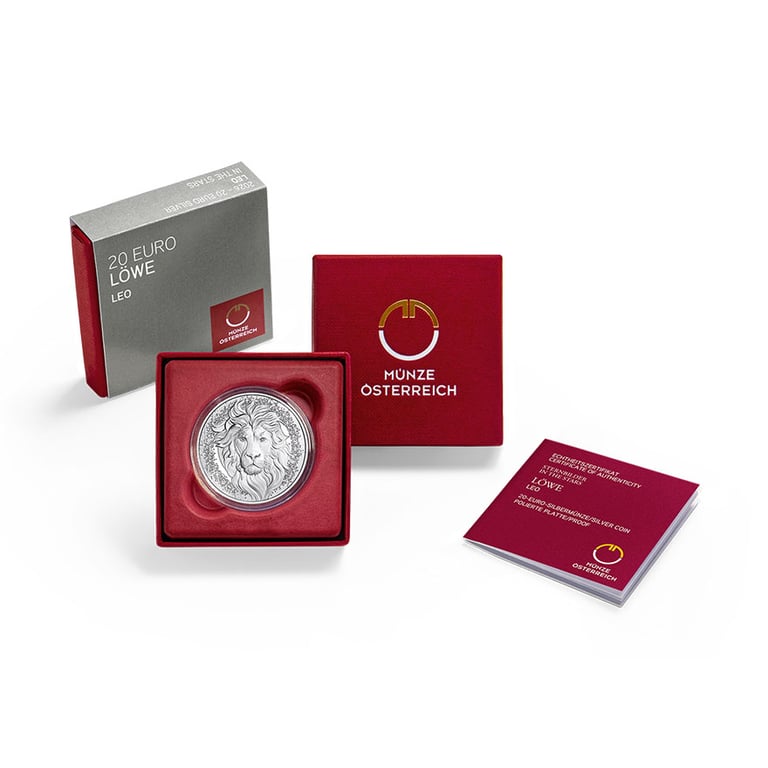 Coin Case of Back of Front of Silver Constellations – Leo 20 EUR PP AUT – Rock Crystal 2026