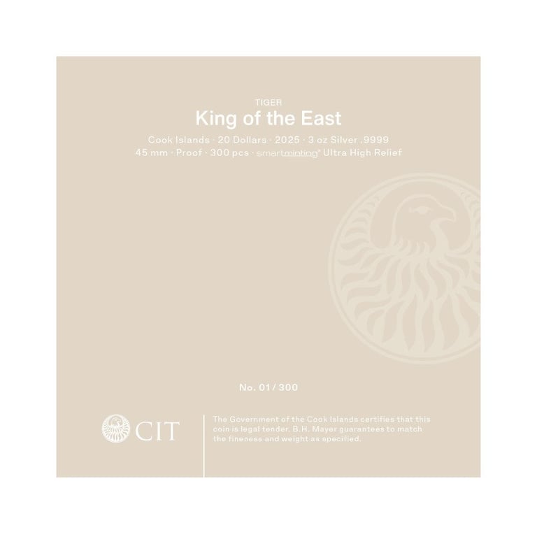 Original coin case of the Silver King of the East - Tiger 3 oz PF- Ultra High Relief