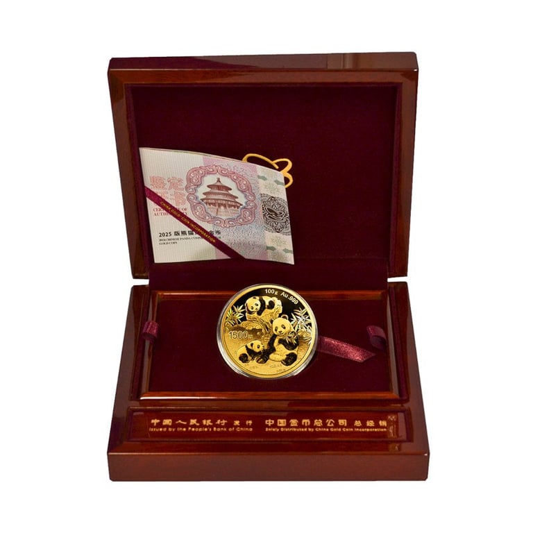 Gold China Panda 100 g PF - Iridescent 2025 in the original coin case