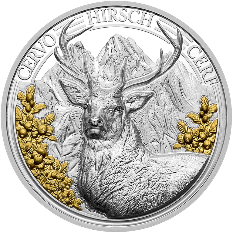 Front of Silver Swiss Wildlife – Deer 3 oz Proof – Ultra High Relief 2026