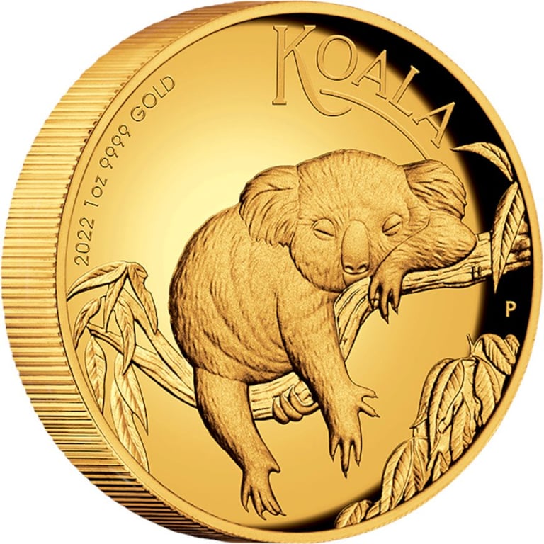 Side view of the Gold Koala 1 oz PF - High Relief 2022