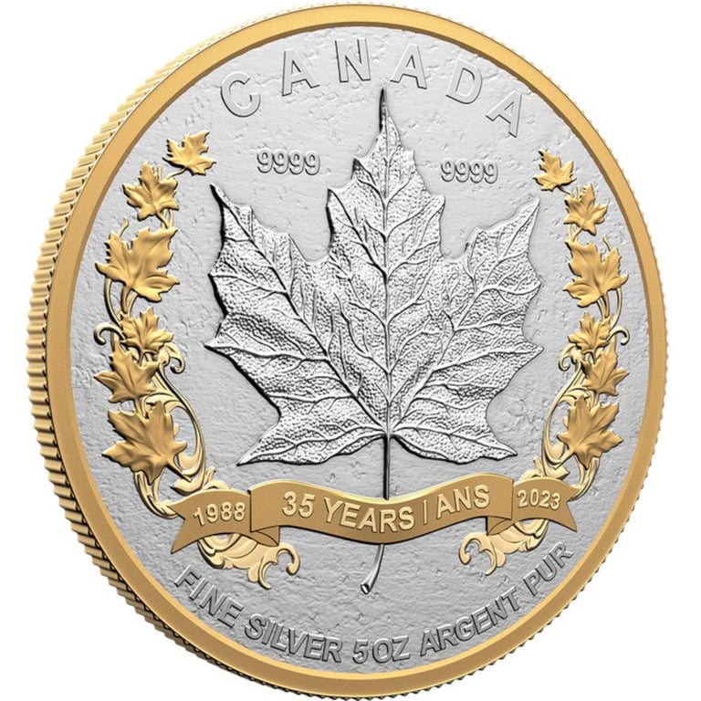 Side view of the Silver Maple Leaf 5 oz - Matte Proof - 35th Anniversary