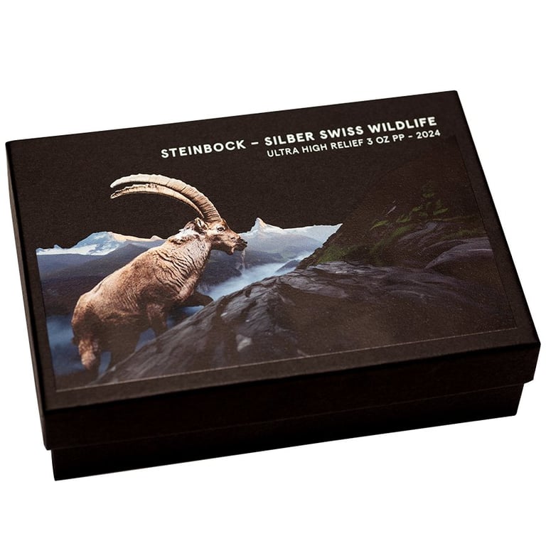 Original coin case of the Silver Swiss Wildlife - Ibex 3 oz PF - Ultra High Relief 2024