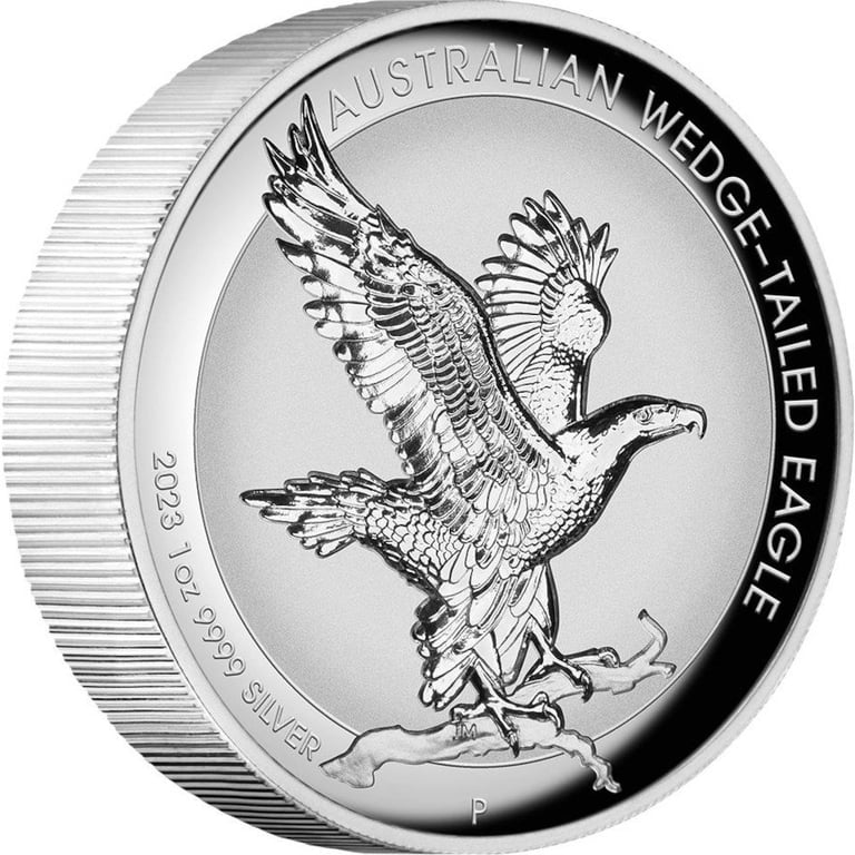 Side view of the Silver Wedge Tailed Eagle 1 oz PF - High Relief 2023
